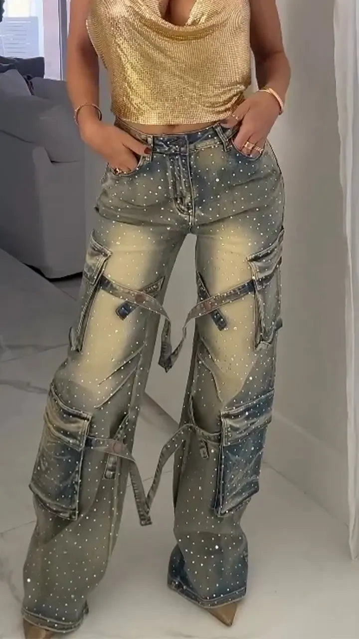 Women Neck Hanging Top+ Rhinestone Spliced Jeans Sexy Temperament Set
