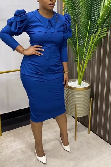 Women Collar Breasted Solid Color Elegant Temperament Midi Dresses