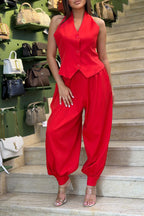 Women's Sleeveless Button-Up Top  Vest Or Loose Cropped Pants