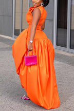 Women's Elegant Orange Satin Formal Dress with Draped Skirt and Asymmetrical Hem