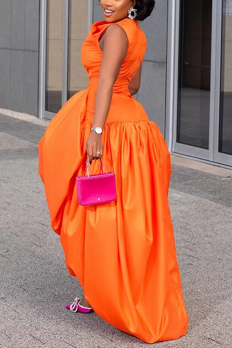 Women's Elegant Orange Satin Formal Dress with Draped Skirt and Asymmetrical Hem