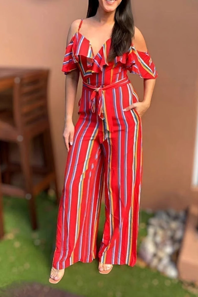 Women's Bright Color Striped Ruffle Trim Wide Leg Vacation Jumpsuit