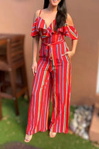 Women's Bright Color Striped Ruffle Trim Wide Leg Vacation Jumpsuit