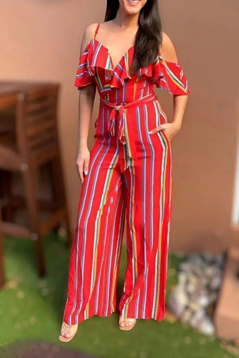 Women's Bright Color Striped Ruffle Trim Wide Leg Vacation Jumpsuit