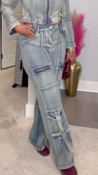 Womens Collar Wash Jacket + Pants Casual Denim Suit