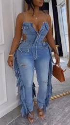 Womens Strappy Patchwork Sexy Casual Denim Jumpsuit