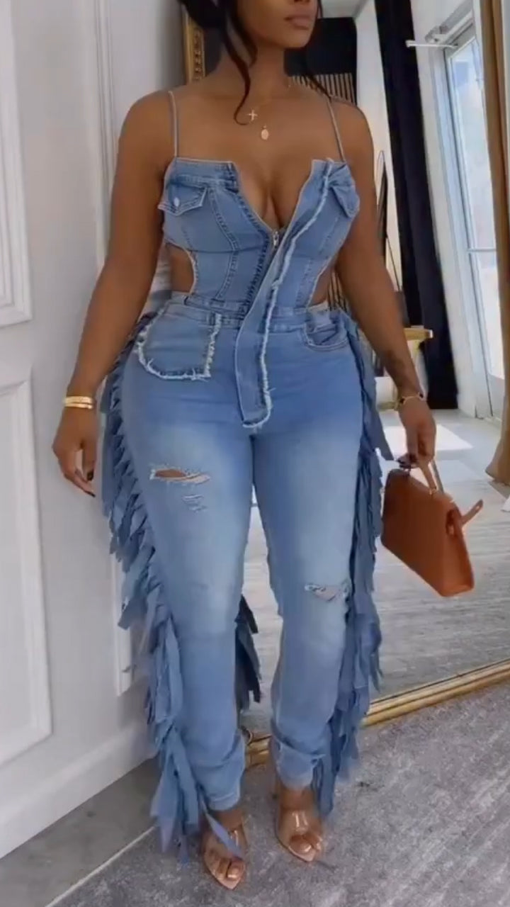 Womens Strappy Patchwork Sexy Casual Denim Jumpsuit