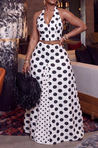 Women's Retro Polka Dot Co-Ord Set with Halter Neck Top or Flared Maxi Skirt