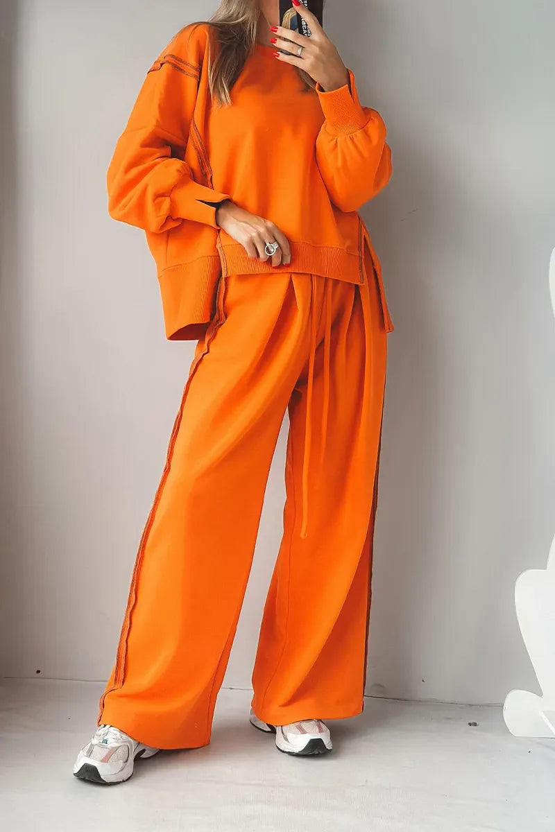 Women Round Neck Spliced Sweatshirt + Drawstring Pants Casual Set