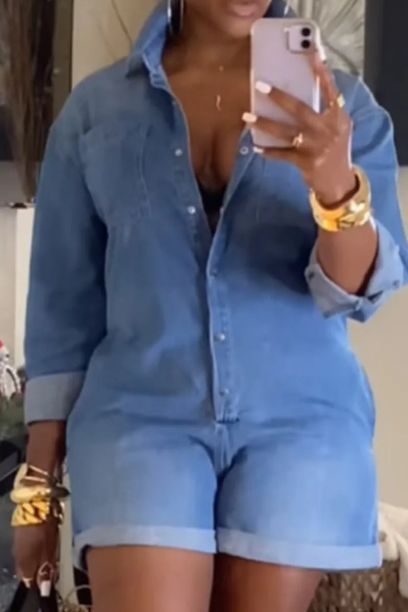 Women's Daily Shirt Collar Long Sleeved Pocket Denim Jumpsuit