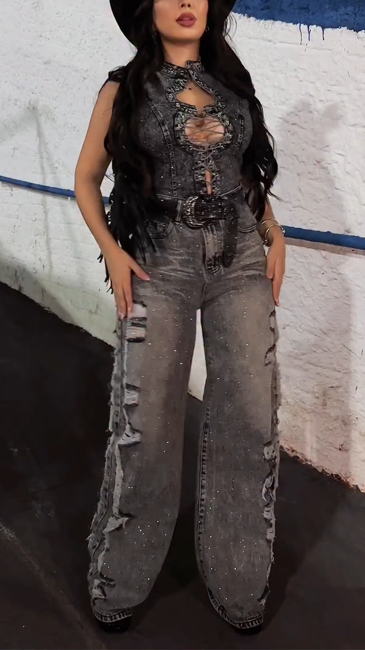 Women Round Neck Hollow Top + Pants Sexy Temperament Casual Denim Suit