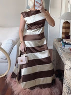 Women Round Neck Spliced Woolen Strip Elegant Temperament Dress