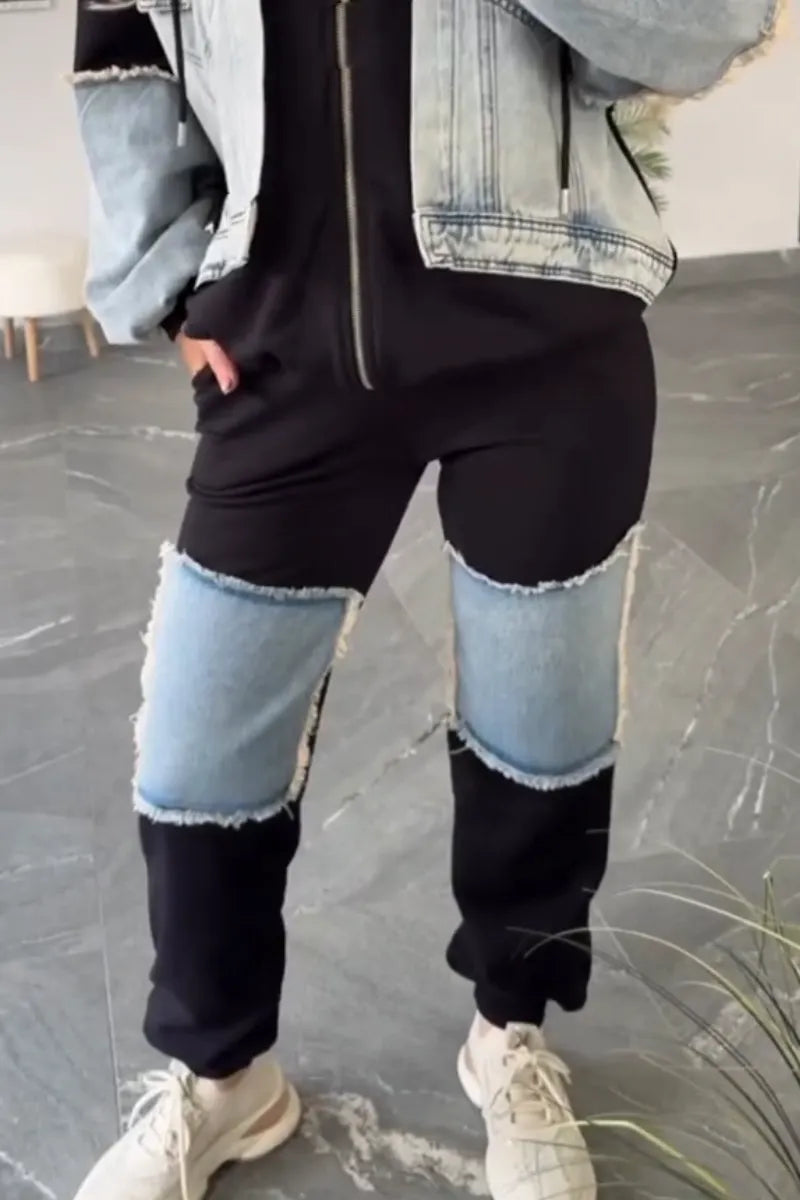 Women Collared Patchwork Denim Casual Suit
