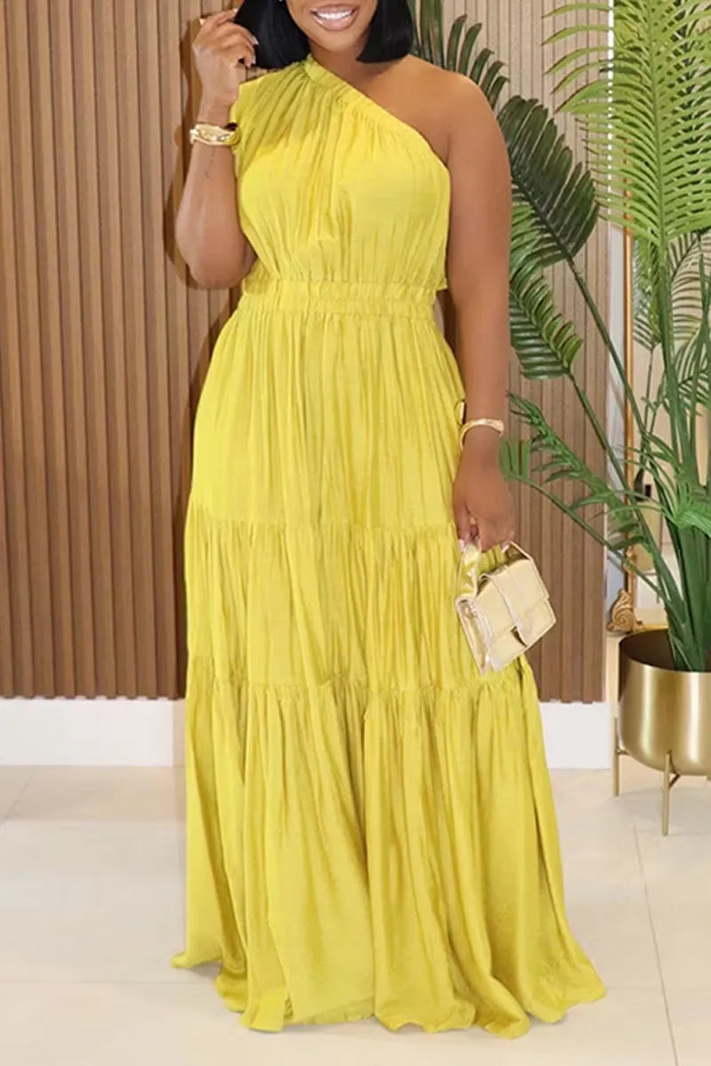 Women's Casual Flowy One Shoulder Tiered Maxi Dress