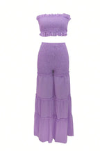 Women's Frill Edge Strapless Full Smocked Crop Tube Top Or High Waist Shirred Waist Tiered Ruffle Flowy Wide Leg Pants