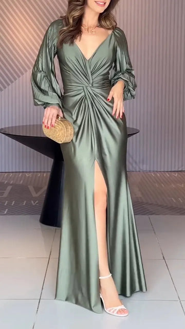Womens V-neck Pleated Slit Elegant Temperament Dress
