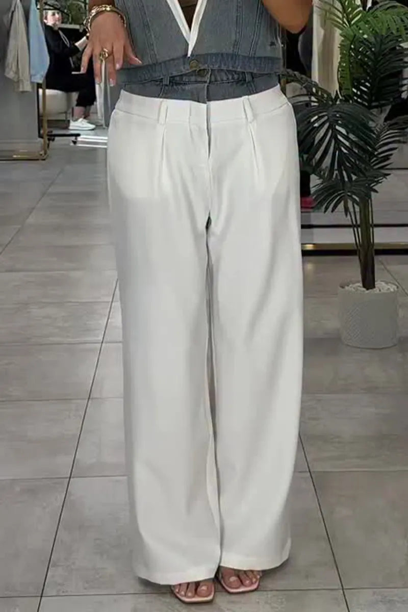 Women's Denim Vest Or White Wide-Leg Pants with Contrast Lape