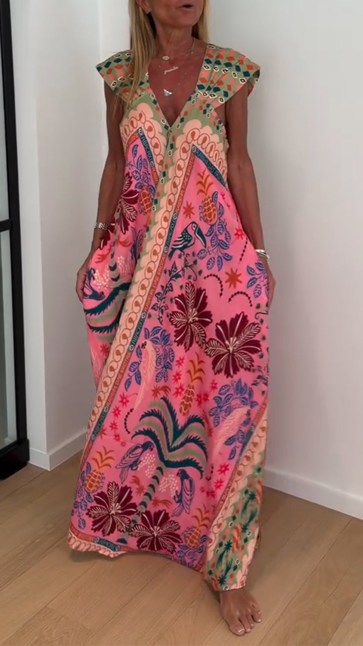 Womens V-neck Printed Loose Casual Dress