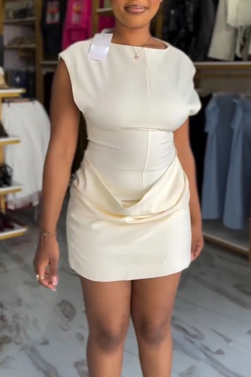 Women Round Neck Fitted Waist Solid Color Elegant Casual Dress
