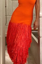 Women's Cocktail Dress with Solid Color Top & Feather Trim Skirt