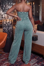 Women's Casual Mineral Wash Green Strapless Wide Leg Jumpsuit with Side Pockets