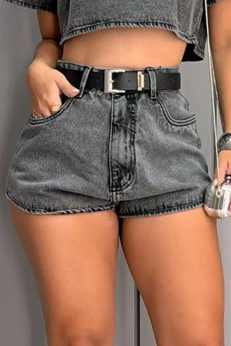 Women's Washed Black Denim  with Short Sleeve Crop Top or Curved Hem Shorts