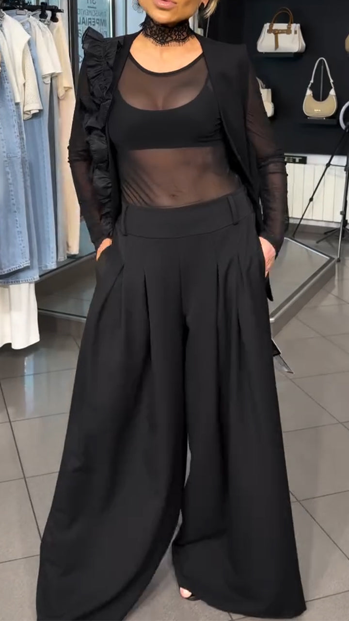Womens Patchwork Ruffled Vest + Wide Leg Pants Temperament Commuting Set