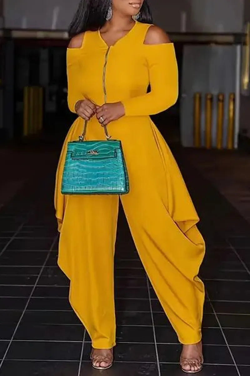 Women's Elegant Long-Sleeve Jumpsuit with Cut-Out Shoulders & Asymmetrical Pants