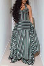 Women's Vintage Striped Halter Neck Asymmetric Maxi Dress