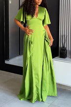Womens Deep V-neck Patchwork Solid Color Elegant Temperament Dress