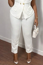 Women's Lapel Double Breasted Sleeveless Fitted Waist White Blazer Vest  Or High Waist Slim Fit Stretch Ankle Length White Dress Pants