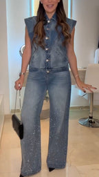 Women Lapl Collar Top+ Rhinestone Pants Casual Denim Suit