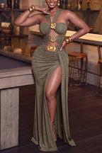 Women's Olive Green Halter Cutout Maxi Dress with Gold Hardware Detail