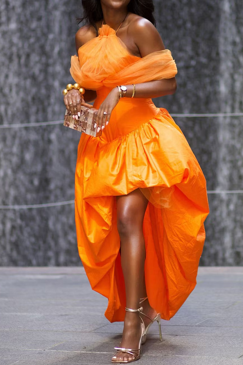 Women's Halter Neck Tulle & Satin Asymmetrical Dress with Off-Shoulder Detail