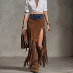 Women's Vintage Boho Chic Fringe Skirt Patchwork Denim Waistband
