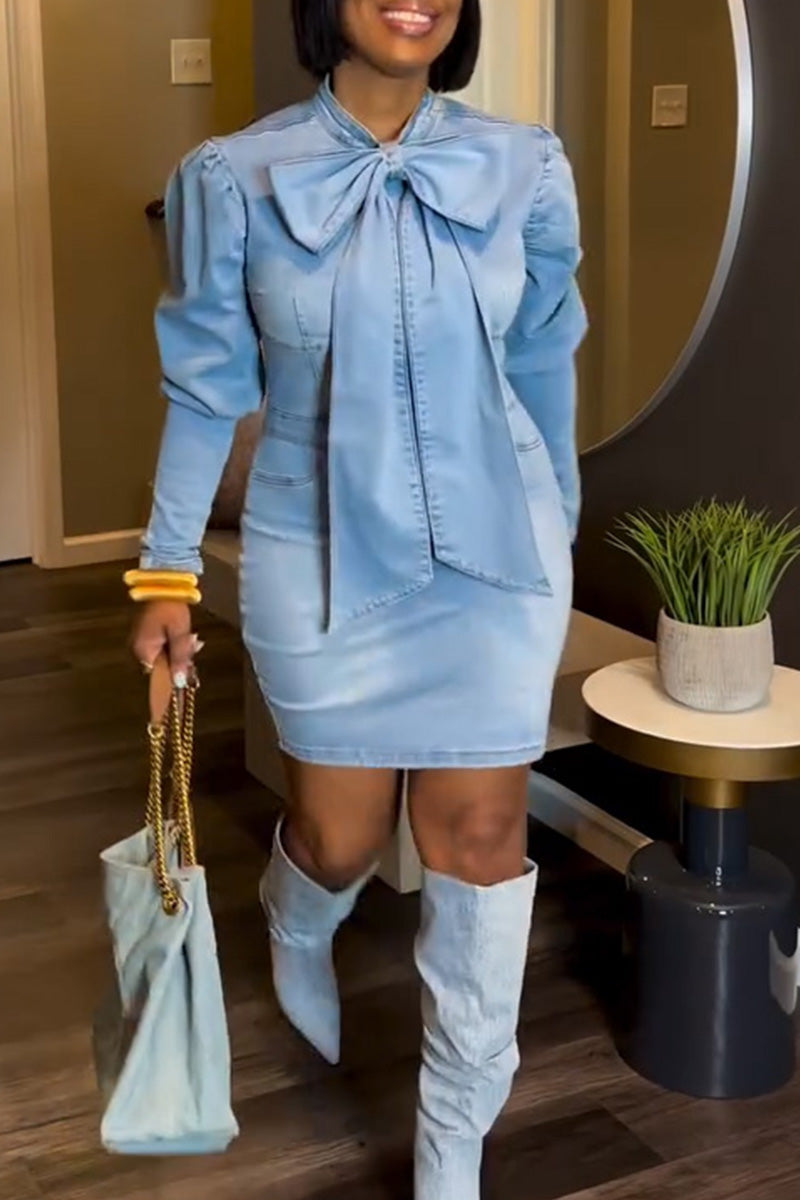 Women's Bow Bubble Sleeve A-Line Silhouette Denim Dress