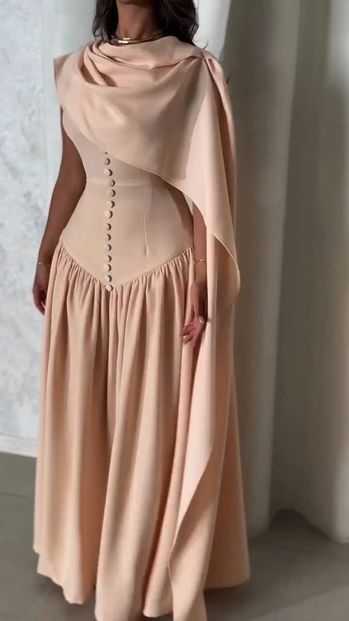 Ladies Round Neck Buckle Patchwork Shawl Elegant Temperament Dinner Dress