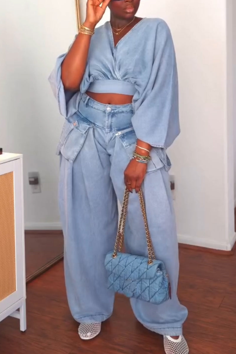 Women V-neck Top+ Spliced Wide Leg Pants Casual Set