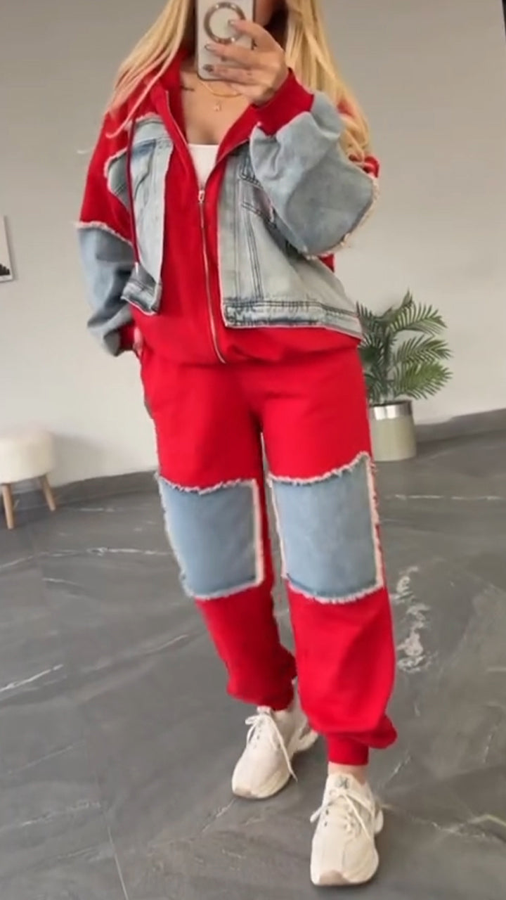 Women Collared Patchwork Denim Casual Suit