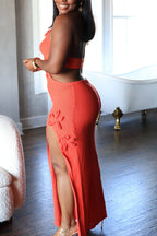 Women's  Casual Handmade Crochet Halter Neck Maxi Dress with Floral Details and Side Cutouts