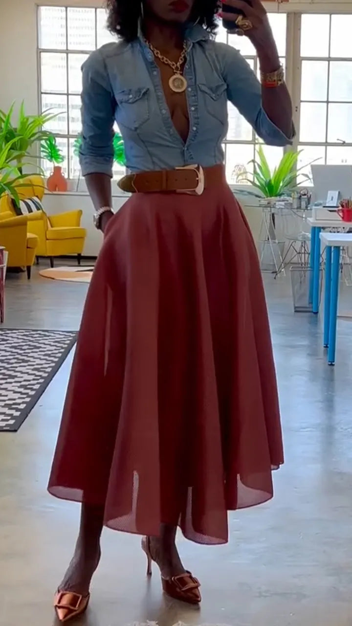 Womens Collar Shirt+ Half Skirt Casual Suit