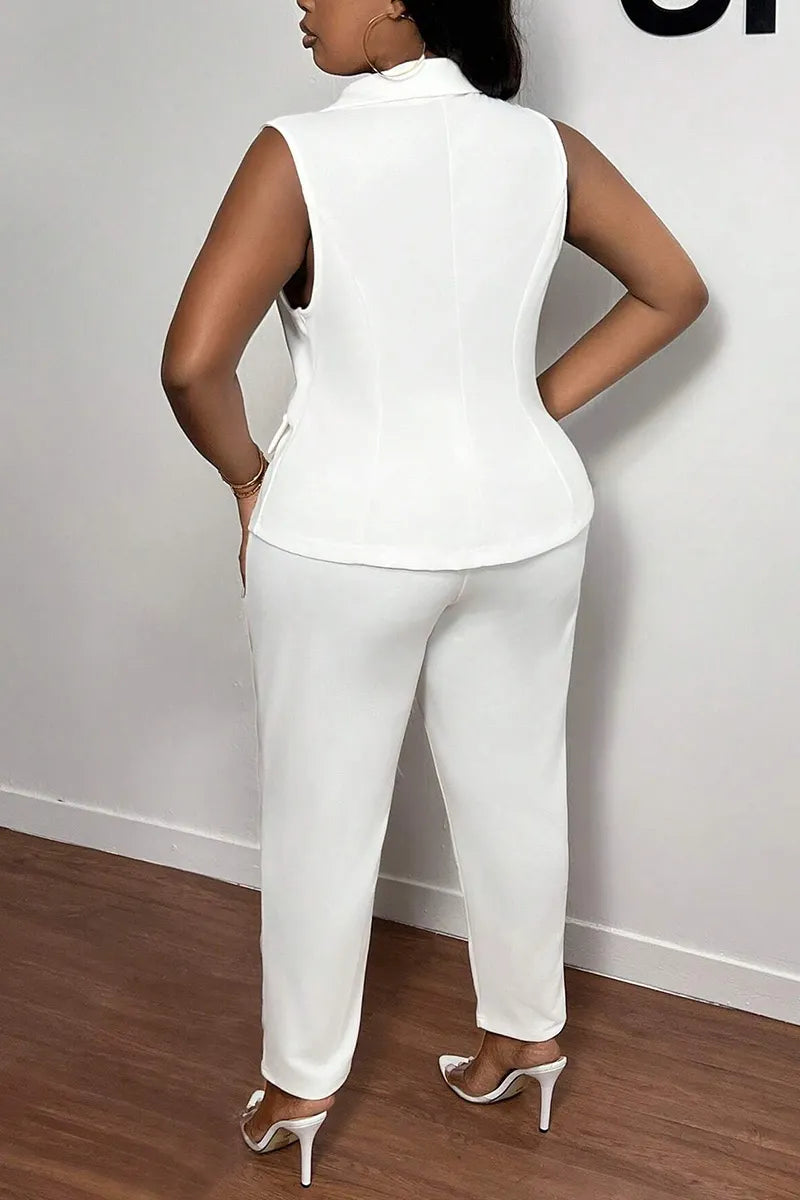 Women's Lapel Double Breasted Sleeveless Fitted Waist White Blazer Vest  Or High Waist Slim Fit Stretch Ankle Length White Dress Pants