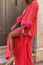 Women's Fashion 3D Floral Cuff Blazer & Slit Pants