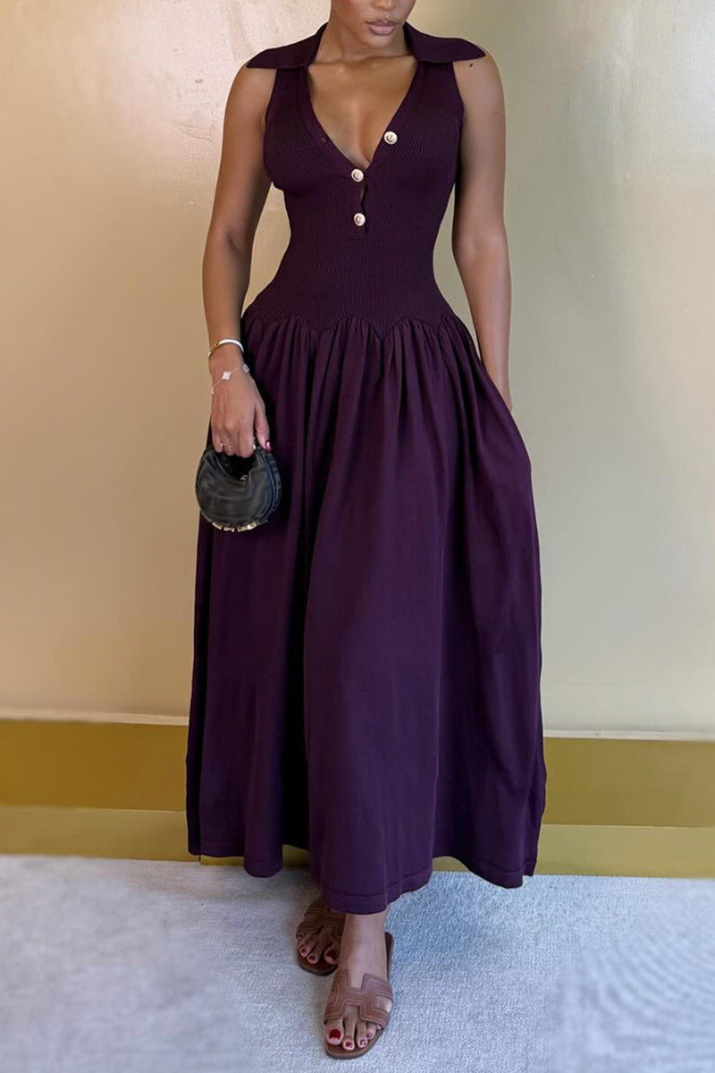 Women's Elegant Button-Trim Knit-Panel Midi Dress
