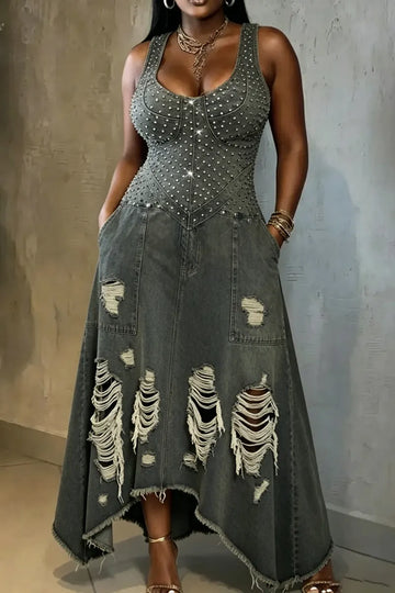 Women's Sleeveless Rhinestone Bustier Ripped Distressed Irregular Raw Hem Denim Maxi Dress with Side Pockets