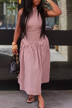 Women Neck Hanging Striped Patchwork Elegant Casual Maxi Dresses