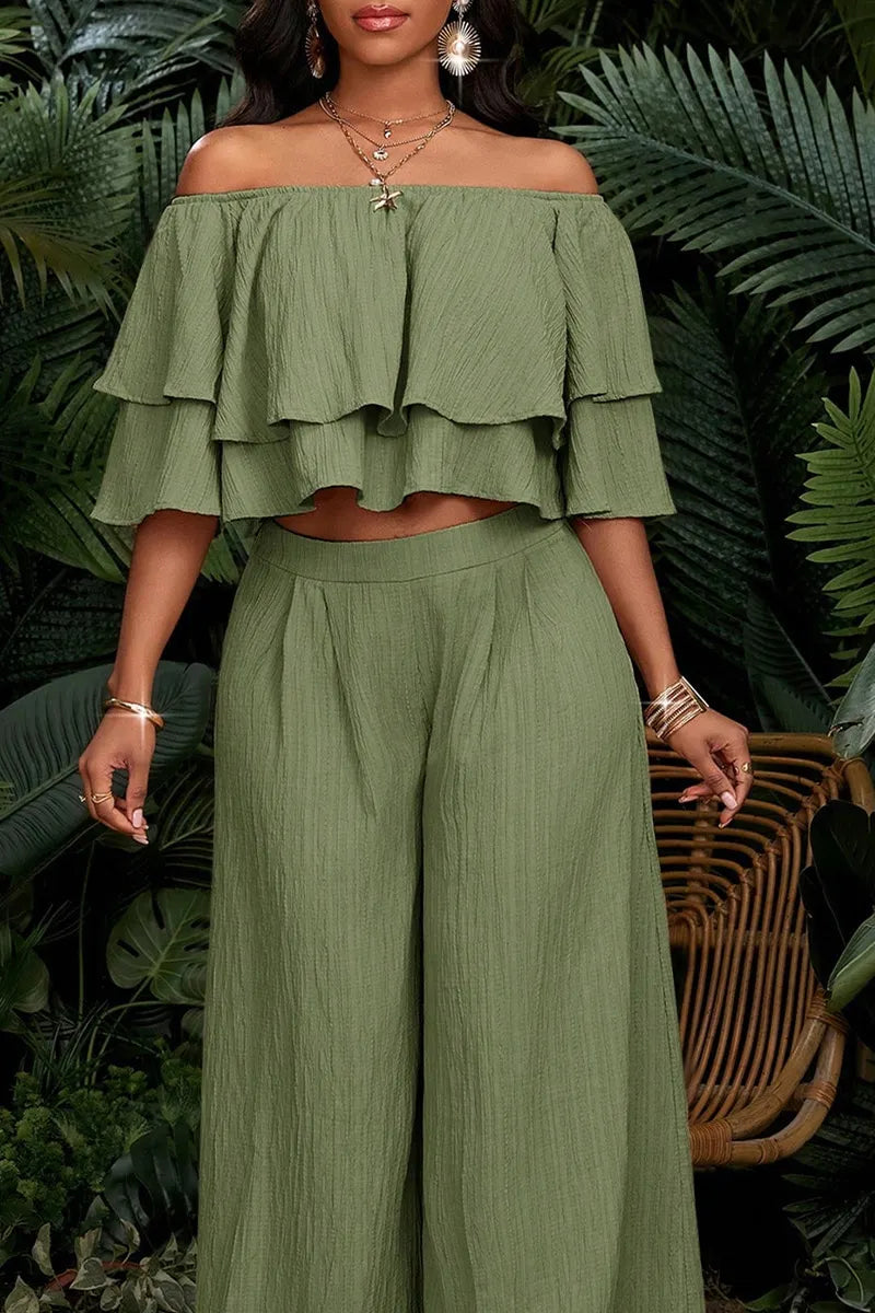 Women's Crinkle Textured Off Shoulder Double Tier Ruffle Crop Blouse Or High Waist Loose Flow Crinkle Wide Leg Palazzo Pants