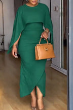 Women Round Neck Patchwork Waist Cinching Solid Color Elegant Temperament Dress