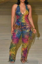 Women's Street Style Printed Color Blocked Tassel Jumpsuit
