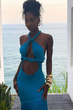 Women's Braided Detail Halter Cutout Fringe Hem Bodycon Maxi Dress